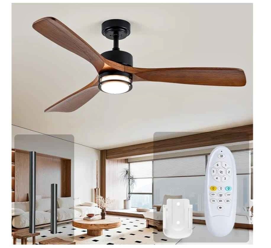 52" Outdoor Ceiling Fan w/ Light, Walnut Wood Blades, Remote