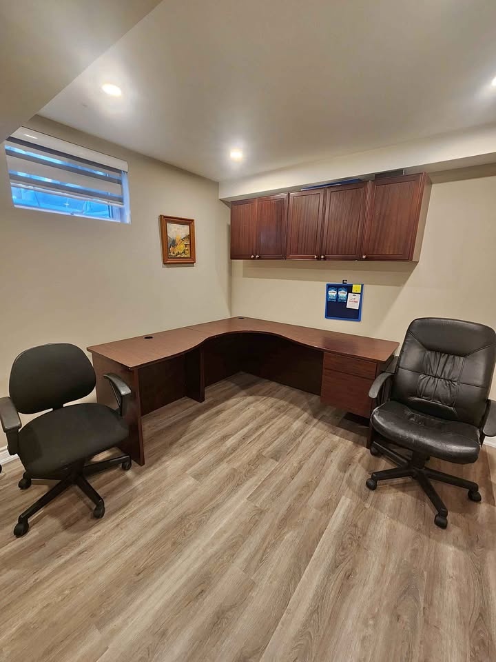 OFFICE DESK, CHAIRS, WALL CABINETS