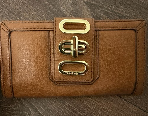 Nine West Tan Wallet with Gold Turn Lock & Metallic Interior