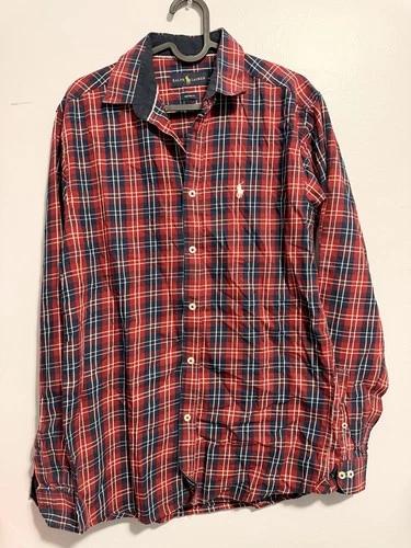 Ralph Lauren Custom Fit Plaid Button Down Shirt Red Blue White M