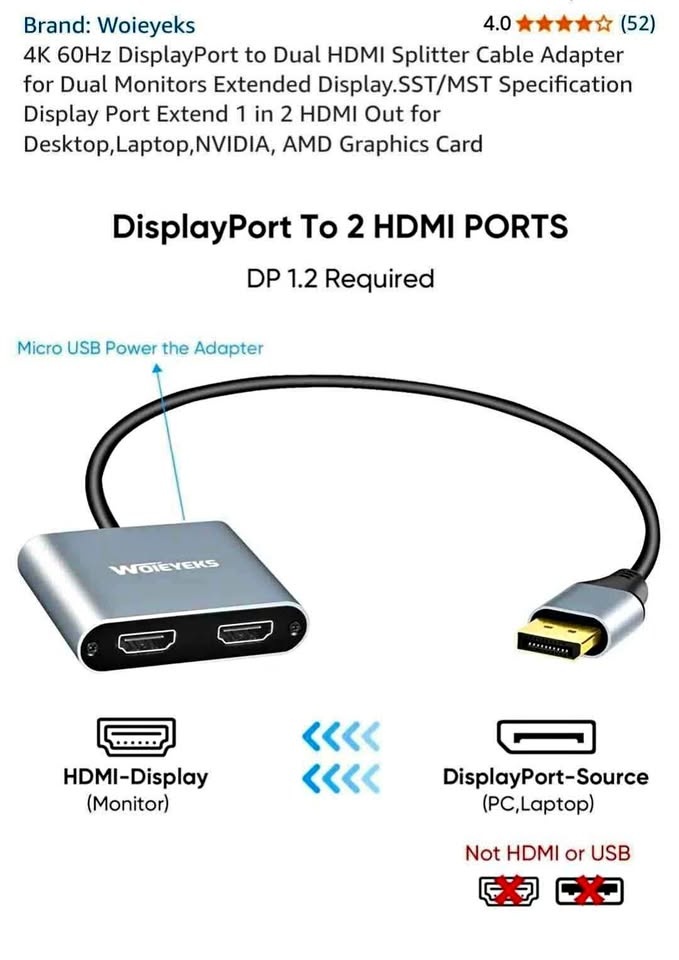 4K 60Hz DisplayPort to Dual HDMI Splitter Cable