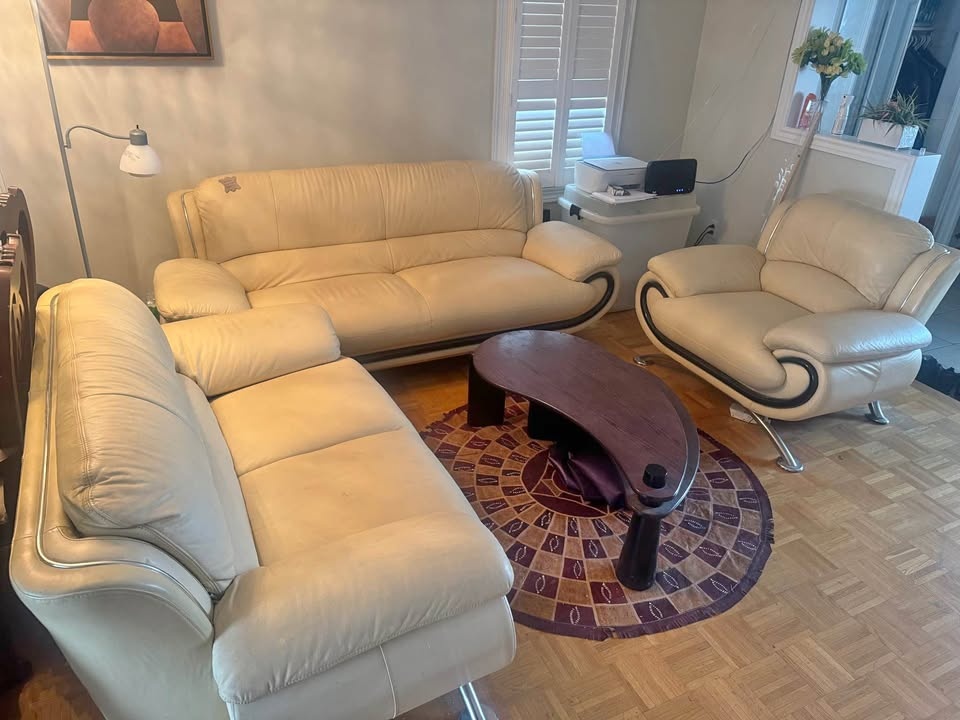 Modern Cream Leather Sofa Set - 3 Piece - Excellent Condition