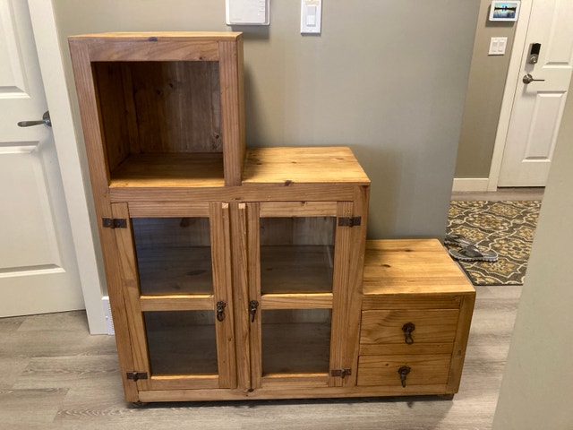 Solid Pine Display Cabinet / Bookshelf with Glass Doors – $75