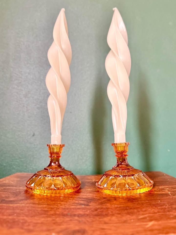 Pair of Amber Glass Candlestick Holders - photo 2