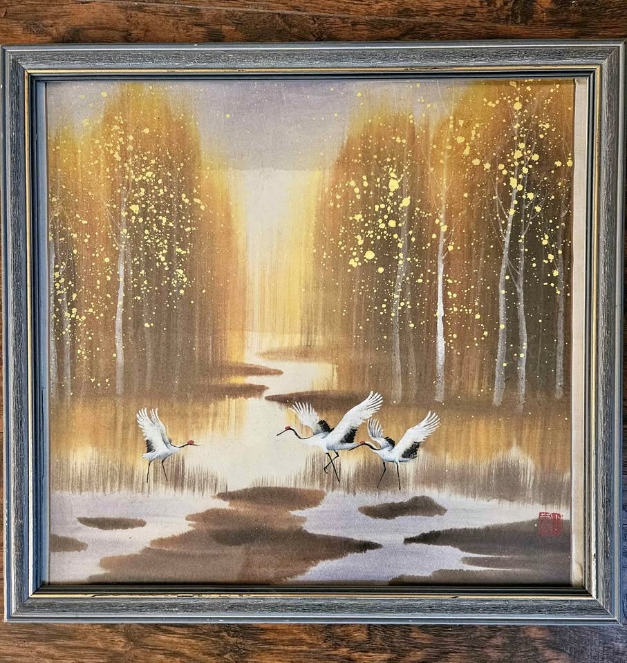 Framed art painting with cranes nature scene