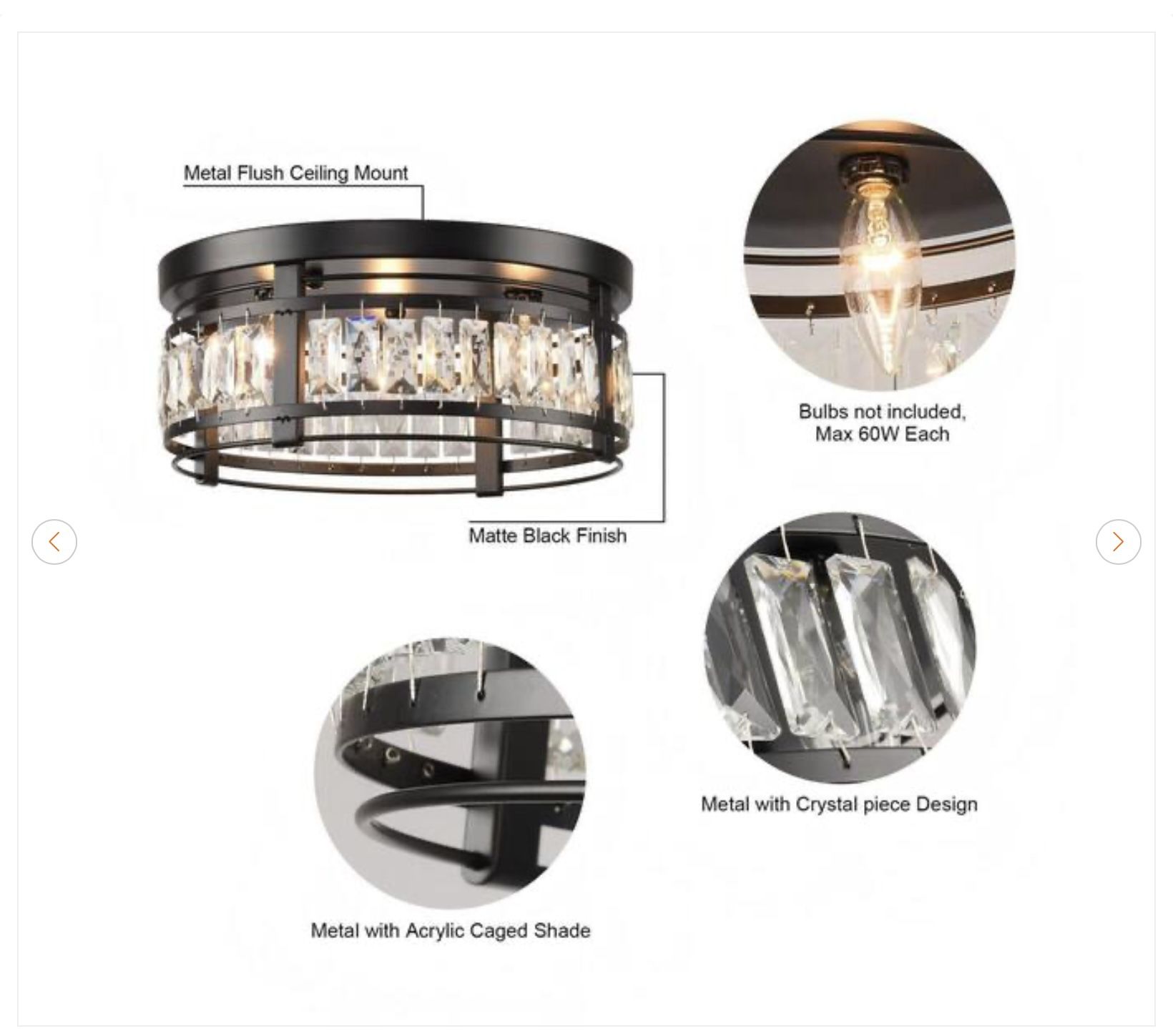 13.3 in. 3-Light Matte Black Crystal Flush Mount Ceiling Light - photo 3