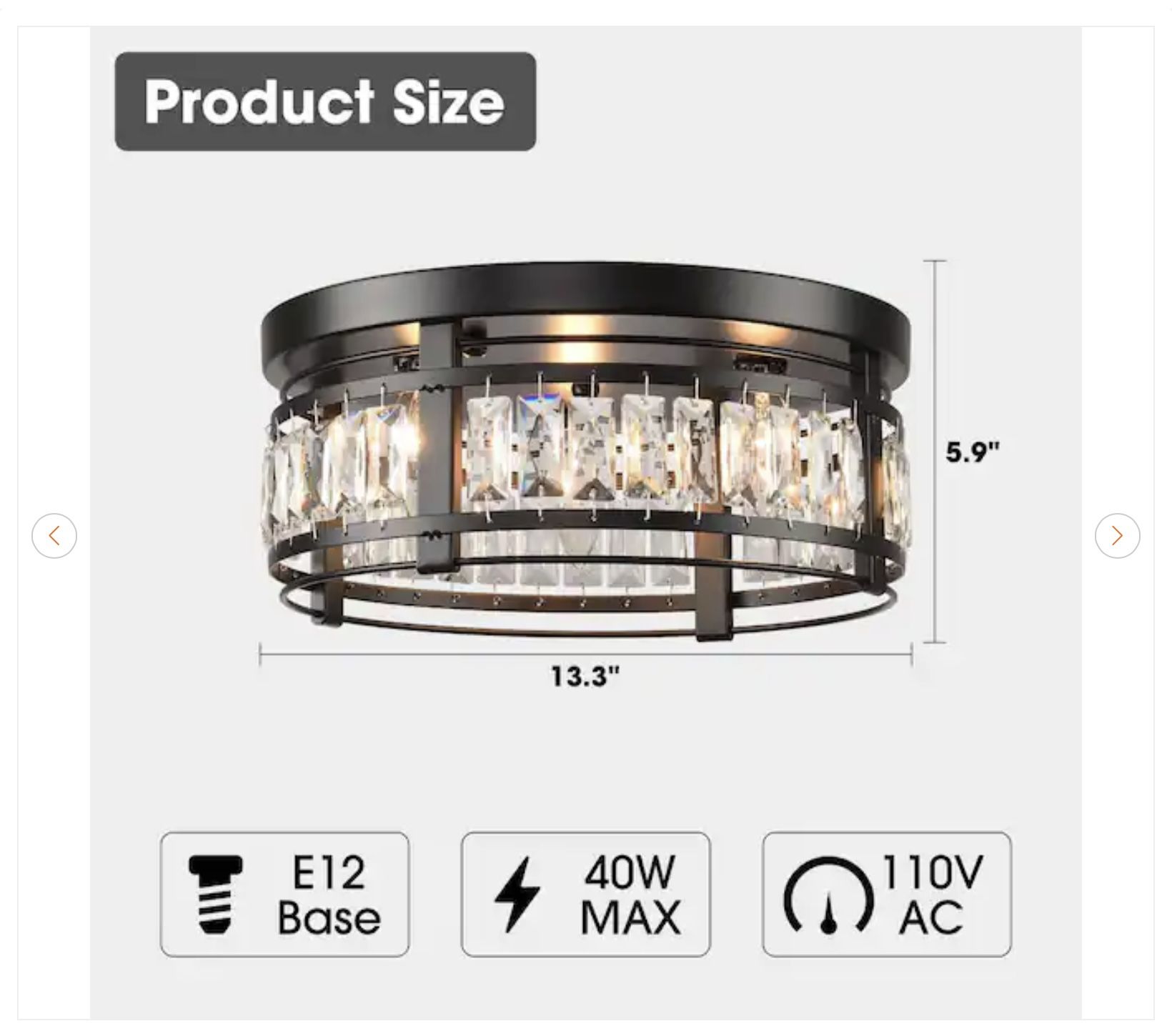 13.3 in. 3-Light Matte Black Crystal Flush Mount Ceiling Light - photo 5