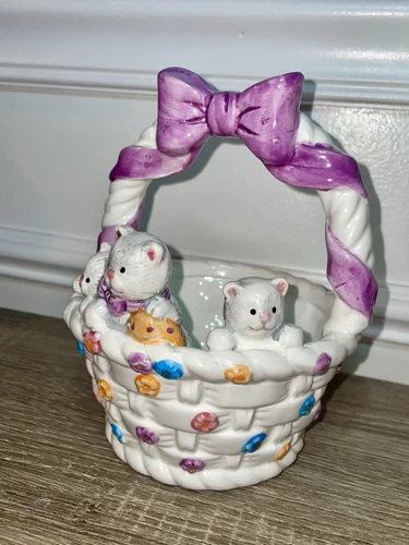 Vintage GAC Ceramic Easter Basket with 3 Kittens - photo 2