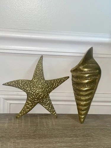 Vintage Brass Seashell & Starfish Wall Hanging - Palm Beach Styl