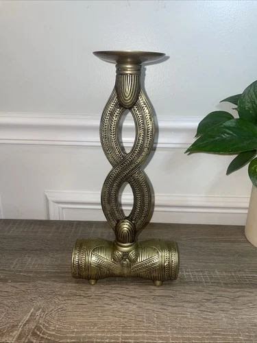 Vintage Brass Candle Holder Stick 12.5" Tribal Design