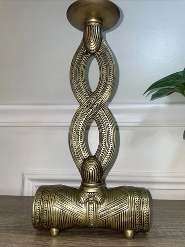 Vintage Brass Candle Holder Stick 12.5" Tribal Design - photo 3
