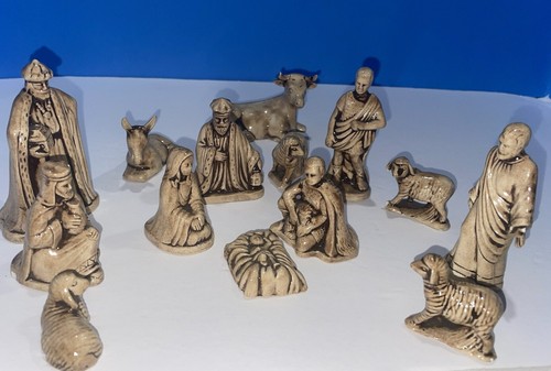 Vintage 14 Piece Nativity Set Glazed Ceramic Butterscotch