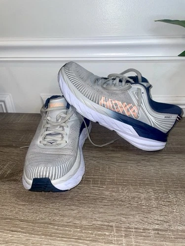 Hoka One One Bondi 7 Gray Blue Knit Running Shoes Size 9 Women's