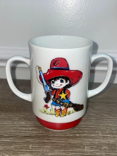 Vintage Child's Ceramic Mug - Cowgirl Sheriff Pop-Gun