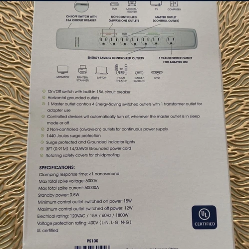 7 Outlet 3ft Cord Surge Protector Power Tap Strip - photo 3
