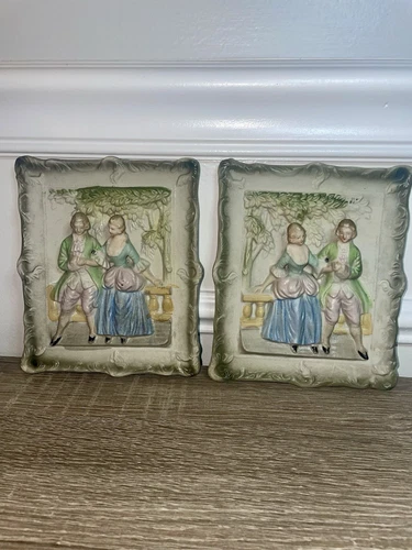 Chase Vintage Bisque Wall Plaques Pair Victorian Figures Made In