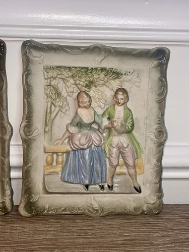 Chase Vintage Bisque Wall Plaques Pair Victorian Figures Made In - photo 2