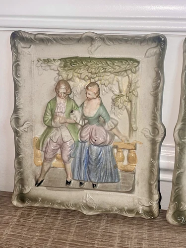 Chase Vintage Bisque Wall Plaques Pair Victorian Figures Made In - photo 3