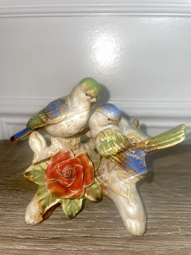 Vintage Art Pottery Song Love Birds on Branch w/ Rose