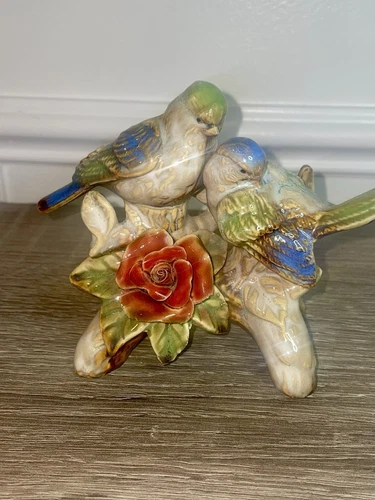 Vintage Art Pottery Song Love Birds on Branch w/ Rose - photo 2
