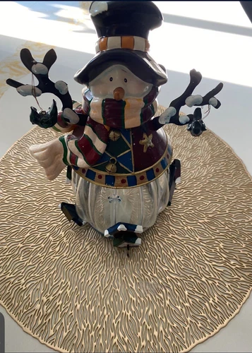 Vintage Metal Art Christmas Snowmen Tealight Holder Glitter Hand