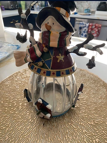 Vintage Metal Art Christmas Snowmen Tealight Holder Glitter Hand - photo 2