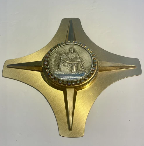 Vintage Religious Cross Pieta Medallion Framed in Rhinestones - photo 2