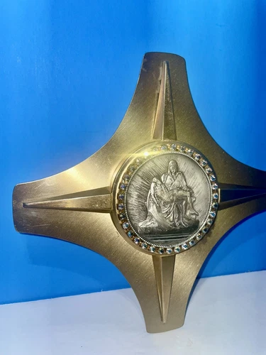 Vintage Religious Cross Pieta Medallion Framed in Rhinestones - photo 3