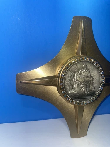 Vintage Religious Cross Pieta Medallion Framed in Rhinestones - photo 5
