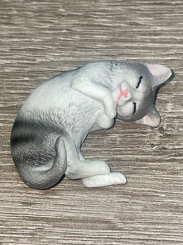 Sleeping cat figurine PVC realistic grey and white #13