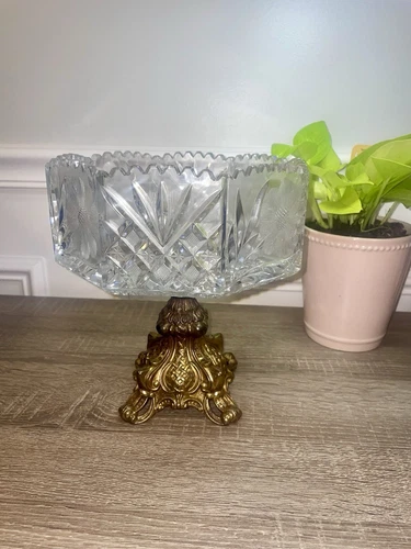 Vintage Lead Crystal Compote Dish, Brass Pedestal Base, West Ger