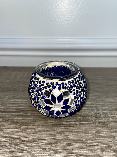 Handmade Blue and White Mosaic Glass Votive Candle Holder