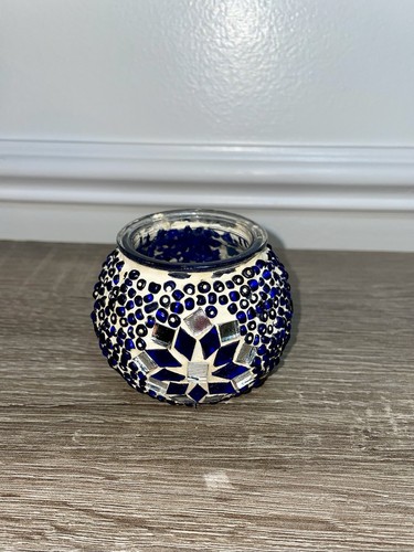 Handmade Blue and White Mosaic Glass Votive Candle Holder - photo 4