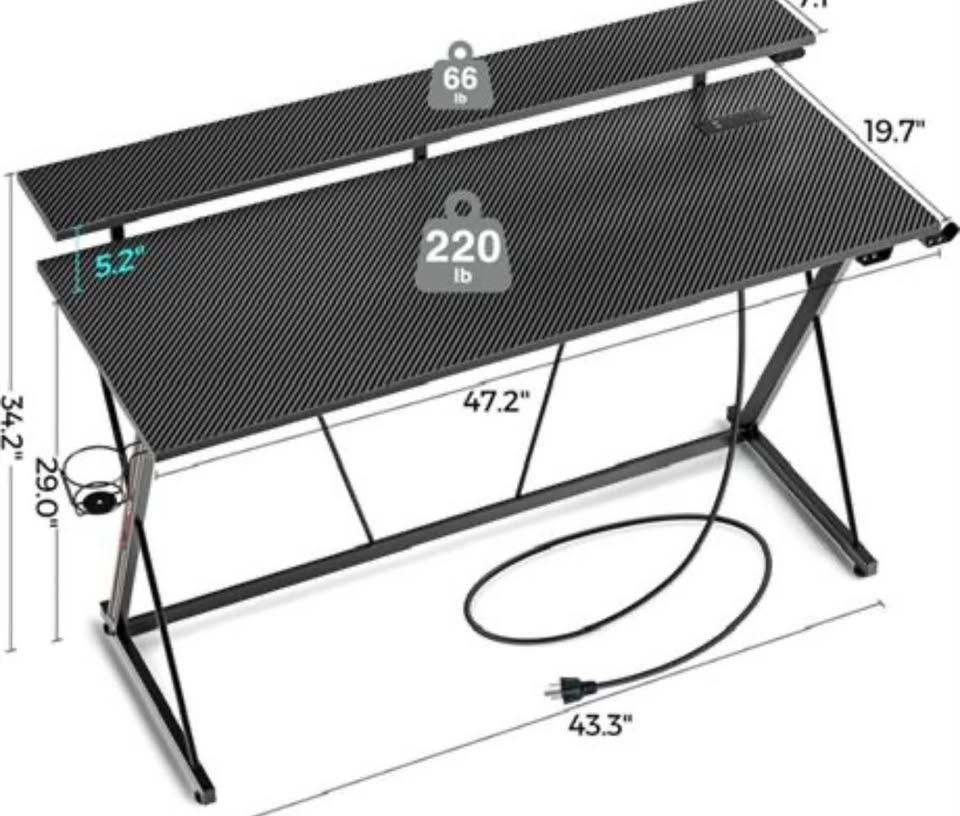 Seven Warrior® 47” Gaming Desk with LED Lights - Carbon Fiber Bl - photo 3