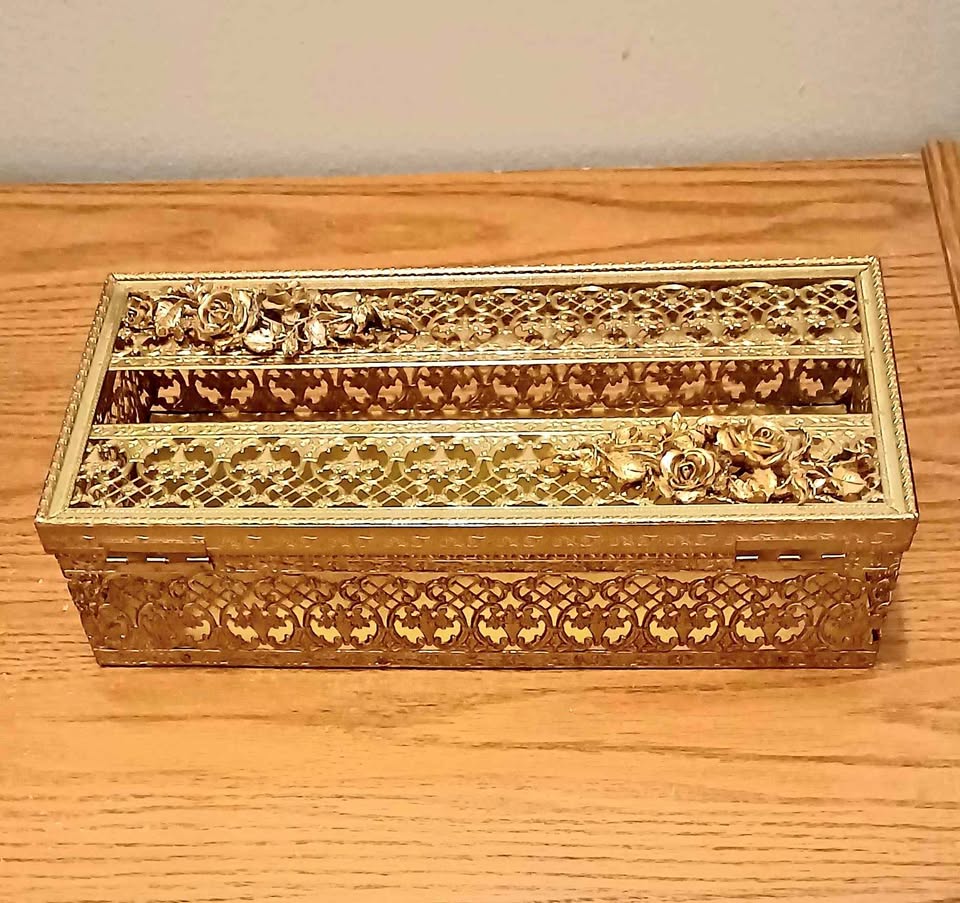 Vtg. Handmade Floral Ormolu Gold Tissue Box