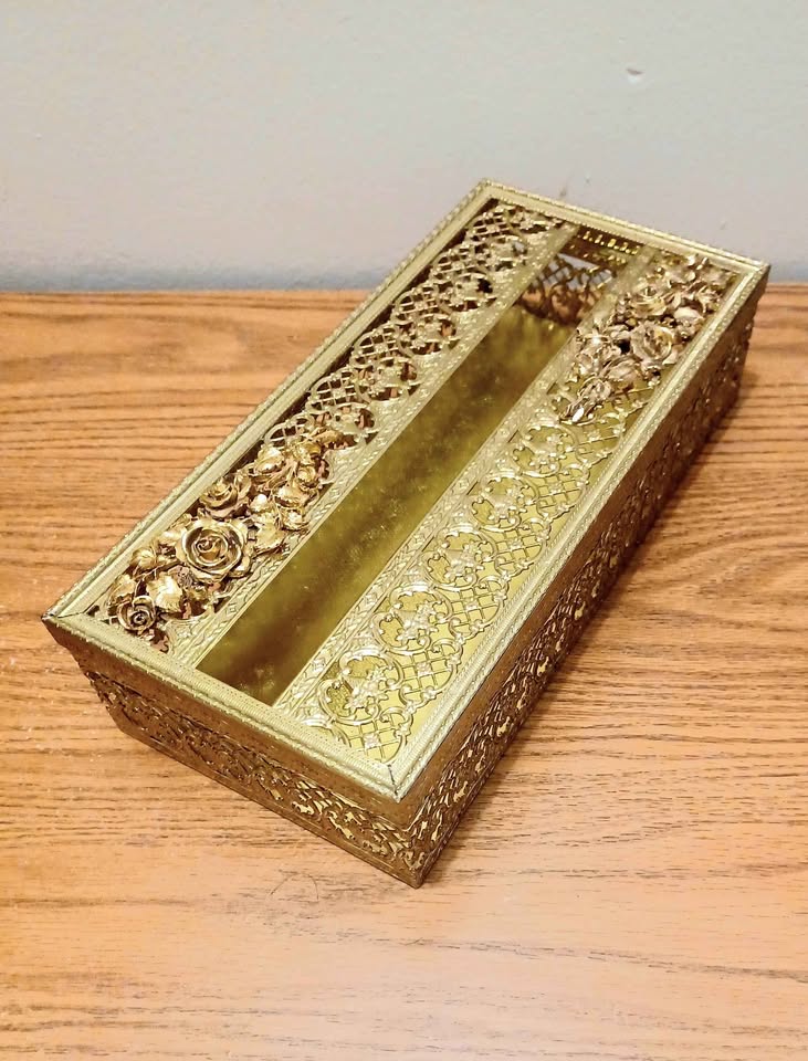 Vtg. Handmade Floral Ormolu Gold Tissue Box - photo 3
