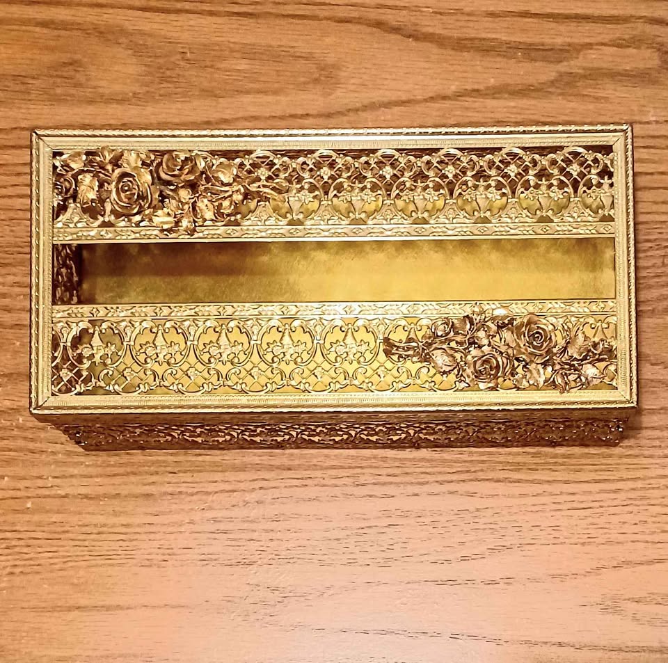 Vtg. Handmade Floral Ormolu Gold Tissue Box - photo 5