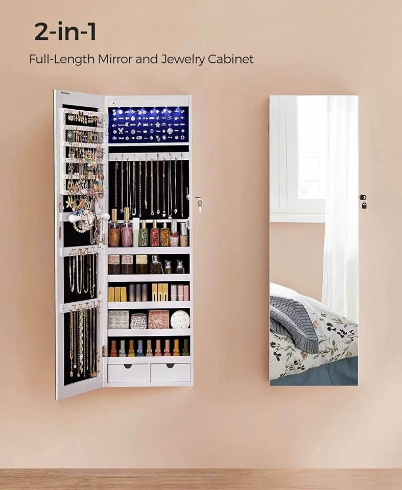 New Mirror with Hanging Jewelry Cabinet with LED Lights White - photo 3
