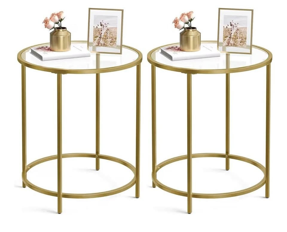 New Gold Glass Round Side Tables - Set of 2 | Glass & Gold Metal - photo 3
