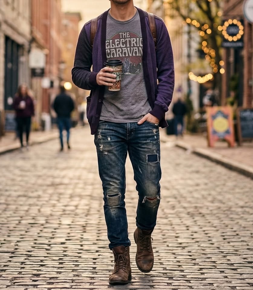 Men's Color-Block Cardigan - Deep Purple & Striped Sleeves - photo 2