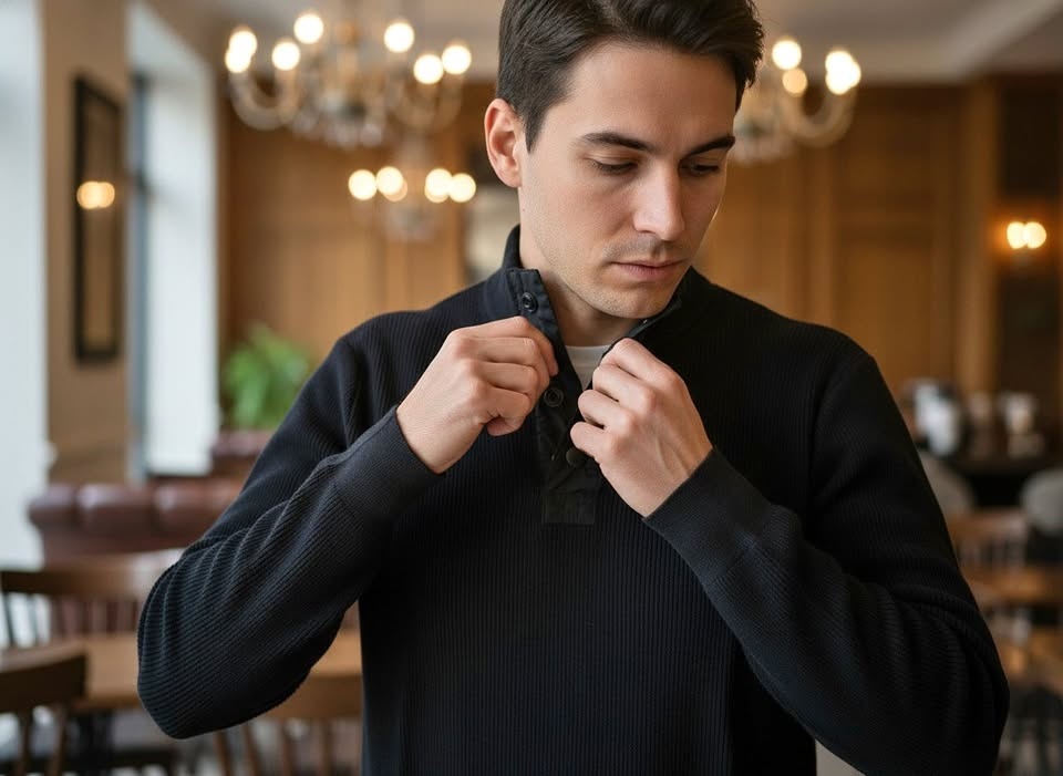 Men's Black Ribbed Quarter-Snap Mock Neck Sweater - Urban Essent - photo 2