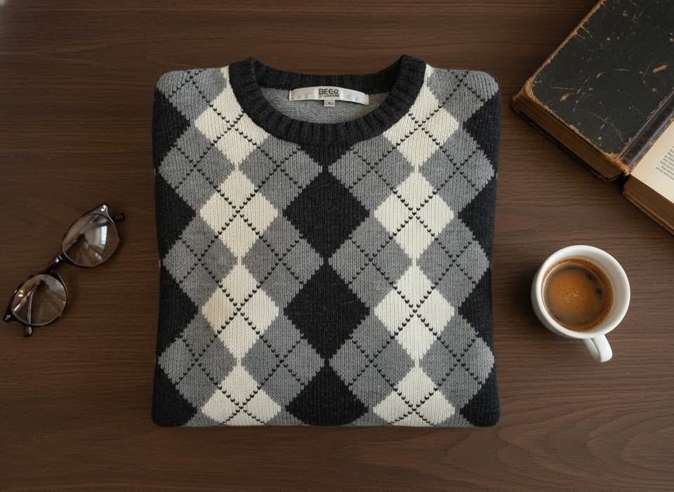 Classic Argyle Knit Crewneck Sweater - Charcoal & Grey - Size M - photo 2