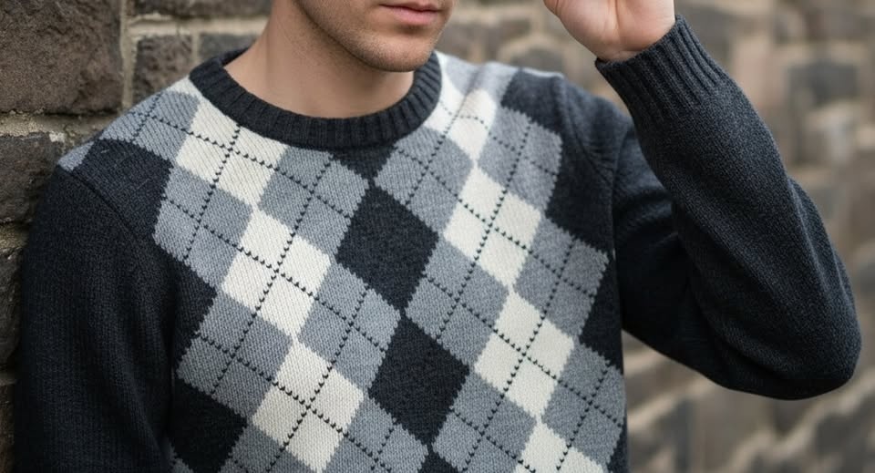 Classic Argyle Knit Crewneck Sweater - Charcoal & Grey - Size M - photo 3