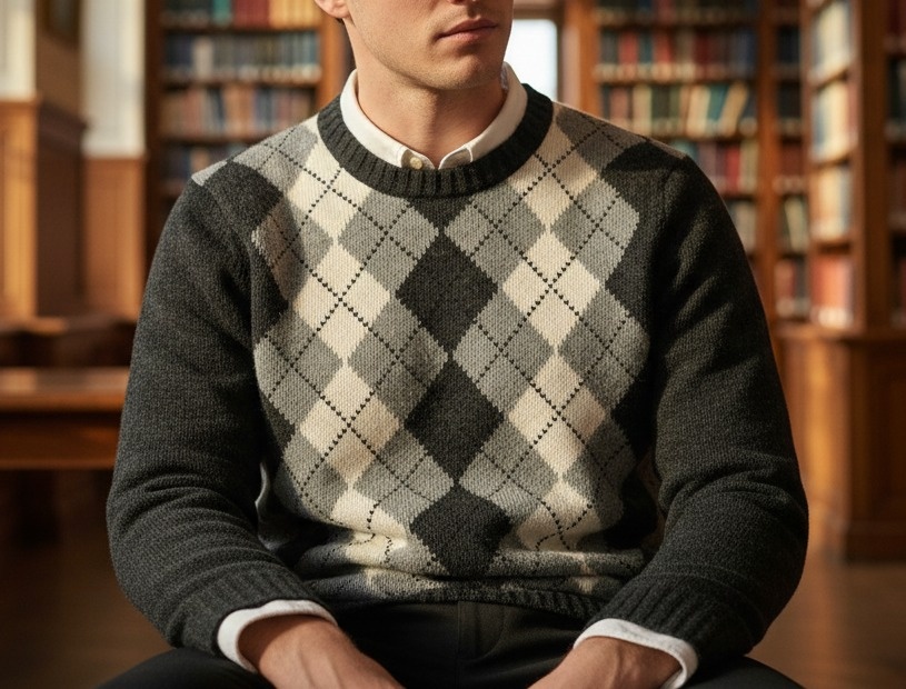 Classic Argyle Knit Crewneck Sweater - Charcoal & Grey - Size M - photo 4