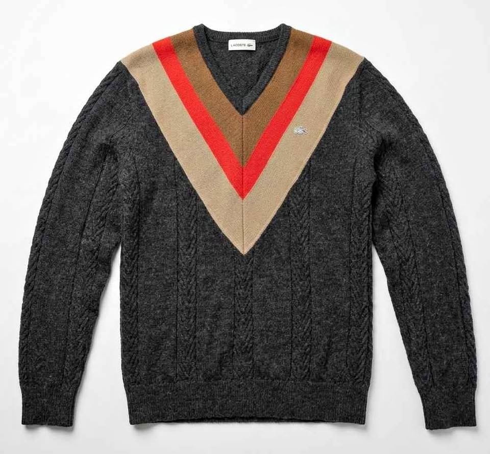 Vintage Lacoste Cable Knit Sweater - Retro Chevron V-Neck