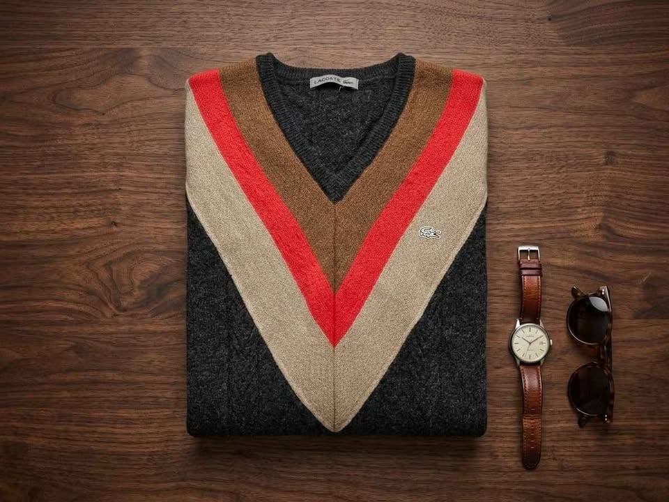 Vintage Lacoste Cable Knit Sweater - Retro Chevron V-Neck - photo 2