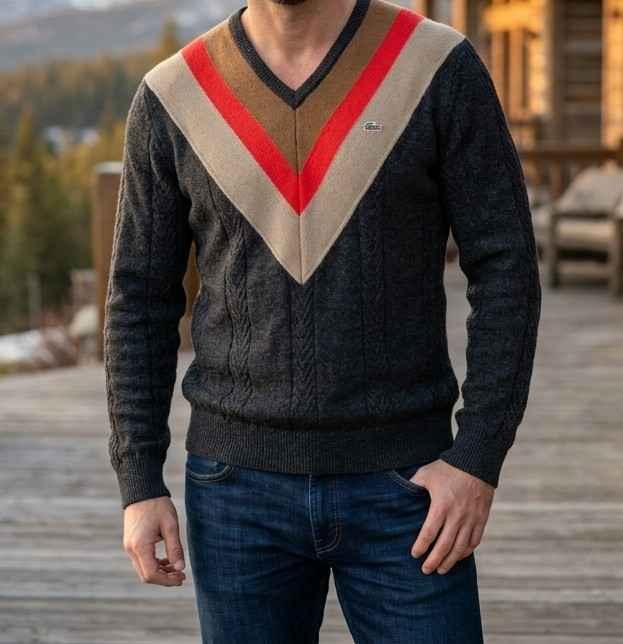 Vintage Lacoste Cable Knit Sweater - Retro Chevron V-Neck - photo 3