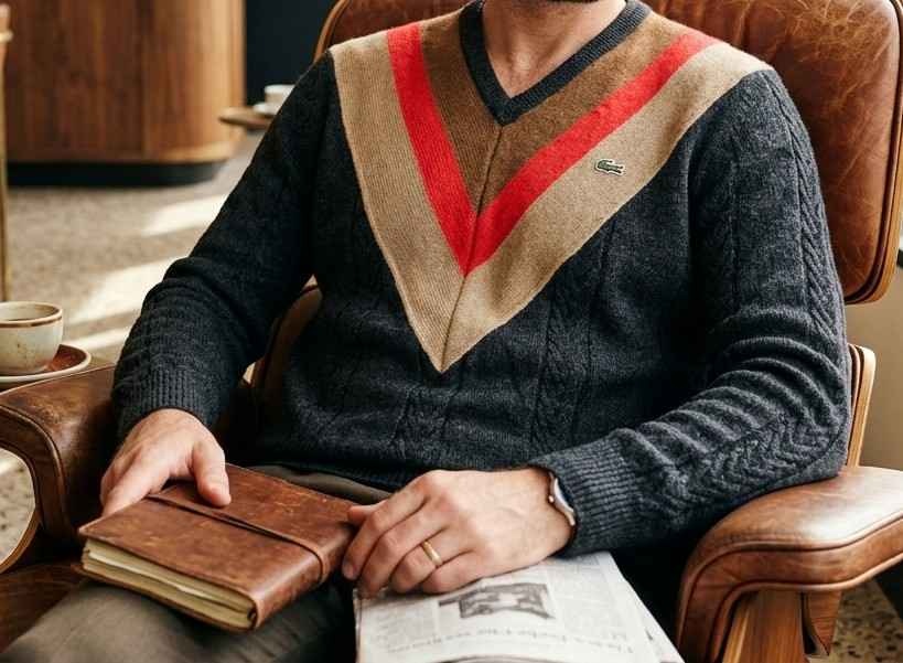 Vintage Lacoste Cable Knit Sweater - Retro Chevron V-Neck - photo 4