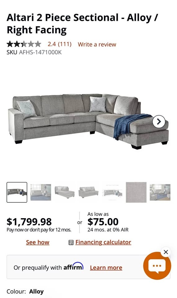 Ashley Altari 2 Piece Sectional Sofa - Alloy/Grey Color