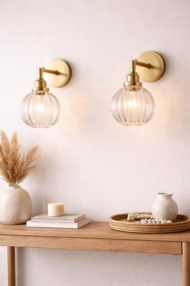New Brass Gold Wall Sconce Ribbed Glass Shade